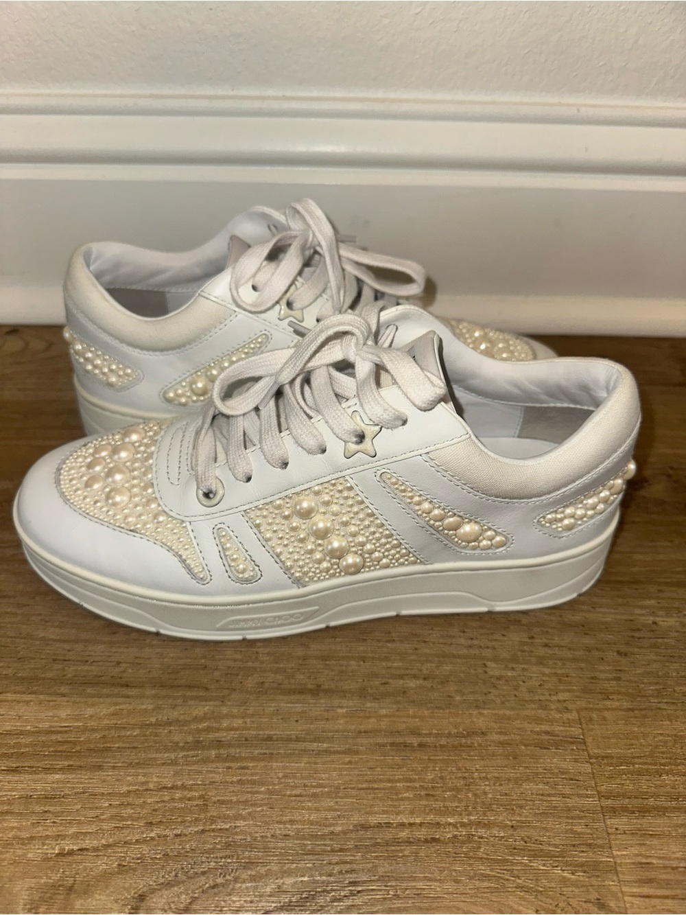 Jimmy Choo White Pearl-Embellished Leather Sneakers - Picture 10 of 11